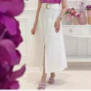 Zara Women White Midi Skirt Gold Buckle Belted Relax Slouchy Boho Slip XS Chic